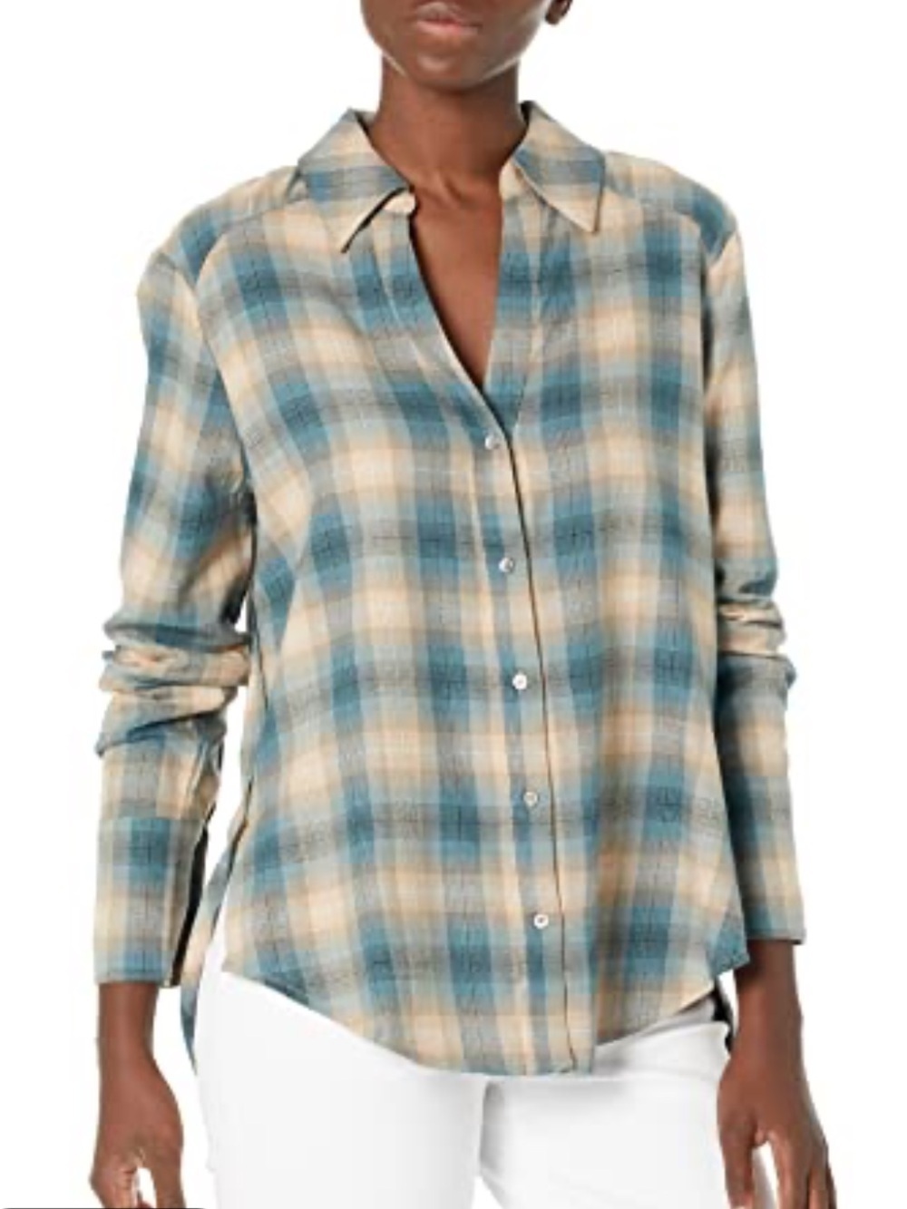 PAIGE Davlyn Relaxed Plaid Button-Up Shirt Teal Multi Women's Size M